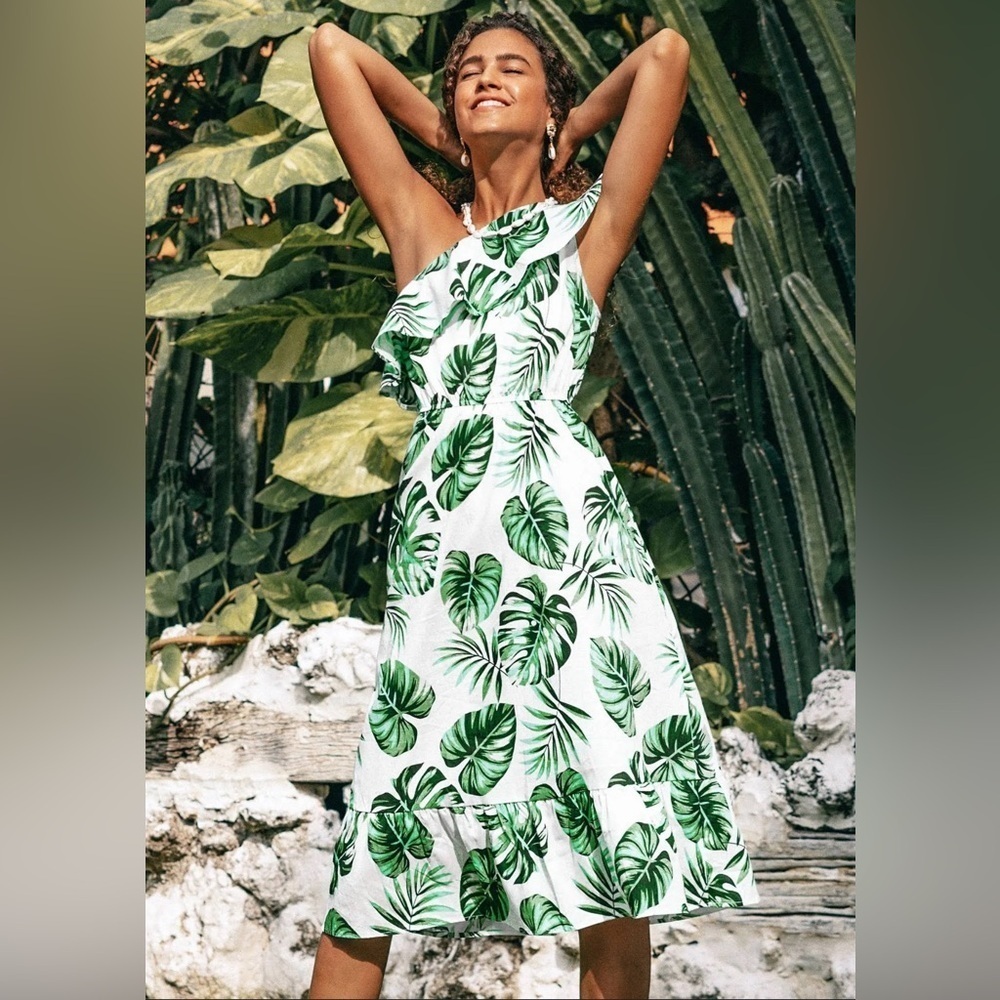 Cupshe One Shoulder Tropical Leaf Dress